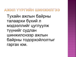 Тухайн ажлын байрны
талаархи бүхий л
мэдээллийг цуглуулж
түүнийг судлан
шинжилснээр ажлын
байрны тодорхойлолтыг
гаргах юм.
 