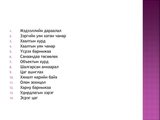 1. Мэдээллийн дараалал
2. Зэргийн уян хатан чанар
3. Хаалтын хурд
4. Хаалтын уян чанар
5. срэх баримжааҮ
6. Санаандаа т с л хө өө ө
7. Объектын хурд
8. Шалгарсан анхаарал
9. Цаг ашиглах
10. Хяналт нарийн байх
11. Олон зохицол
12. Хариу баримжаа
13. Удирдлагын зэрэг
14. Эсрэг цаг
 