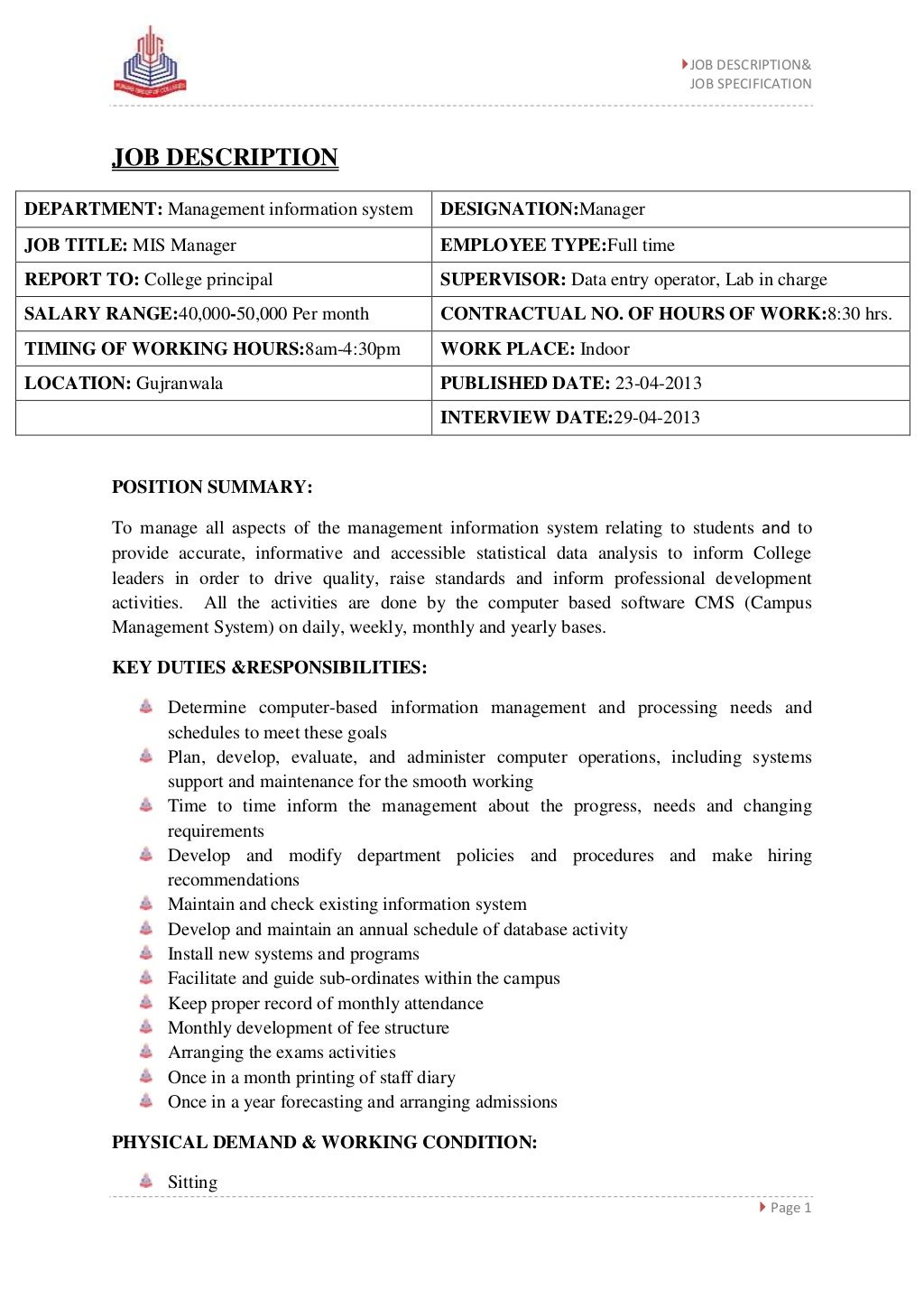 JOB ANALYSIS OF MIS MANAGER