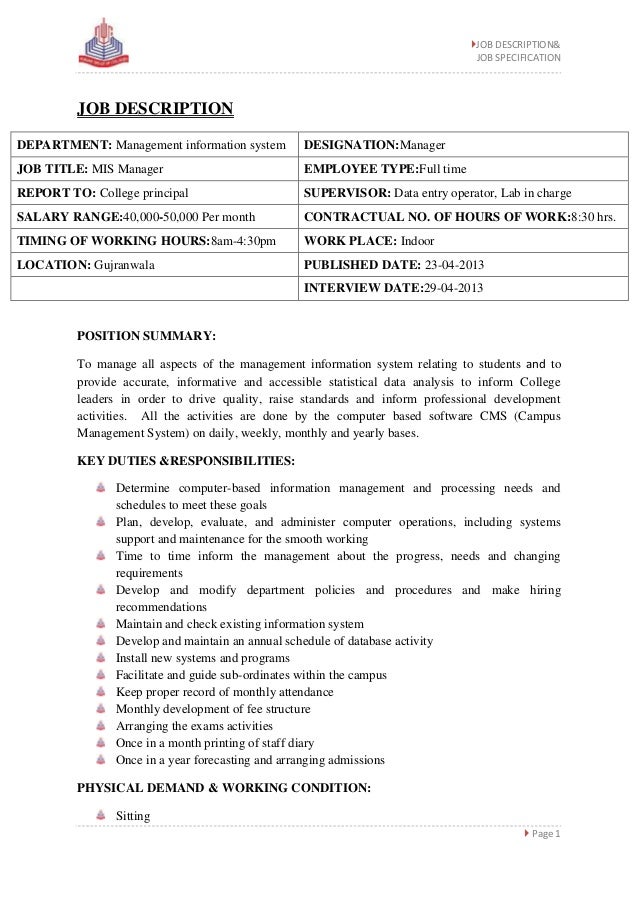 JOB ANALYSIS OF MIS MANAGER JOB ANALYSIS OF MIS MANAGER