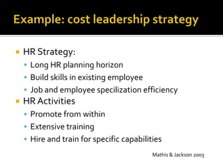 Example: costleadershipstrategyHR Strategy:Long HR planninghorizonBuildskills in existingemployeeJob and employeespecilizationefficiencyHR ActivitiesPromotefromwithinExtensivetrainingHire and train for specificcapabilitiesMathis & Jackson 2003
