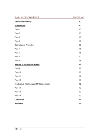 TABLE OF CONTENT

PAGE NO

Executive Summary

02

Introduction

03

Pass-1

03

Pass-2

03

Pass-3

05

Pass-4

05

Recruitment Procedure

06

Pass-5

06

Pass-6

06

Pass-7

07

Pass-8

08

Reward to Inspire and Retain

09

Pass-9

09

Pass-10

09

Pass-11

10

Pass-12

10

Mechanism For Surcease Of Employment

12

Pass-13

12

Pass-14

12

Pass-15

13

Conclusion

14

Reference

15

1|Page

 