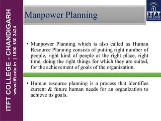 Manpower Planning
• Manpower Planning which is also called as Human
Resource Planning consists of putting right number of
people, right kind of people at the right place, right
time, doing the right things for which they are suited,
for the achievement of goals of the organization.
• Human resource planning is a process that identifies
current & future human needs for an organization to
achieve its goals.
 