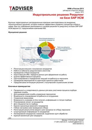 HRM в России 2013
pdf-версия открытого обзора
апрель 2013
Москва 117218 а/я 40 TAdvser
+7 (901) 526-33-31, marketing@tadviser.ru
www.tadviser.ru
103
Индустриальное решение Рекрутинг
на базе SAP HCM
Крупные территориально распределенные компании заинтересованы во внедрении
технологического решения, которое позволит эффективно управлять процессом отбора и
найма. Все эти требования реализованы в типовом решении по рекрутингу на базе SAP ERP
HCM версии 6.0, предлагаемом компанией IBS.
Функционал решения
 Регистрация внешних и внутренних кандидатов
 Работа в кабинетах рекрутингового агентства
 Проведение отбора кандидатов
 Подготовка job-offer, передача данных для оформления на работу
 Оценка эффективности процесса
 Прогнозирование и определение текущей потребности в персонале
 Проведение мероприятий по адаптации принятых работников
 Предусмотрена интеграция решения с популярными социальными сетями
Ключевые преимущества
 Прозрачность и оперативность данных для всех участников процесса подбора
кадровой службы.
 Для руководителей службы управления персоналом
 Возможность планирования потребности в сотрудниках
 Управление вакансиями
 Возможность в режиме on-line получать информацию о статусе подбора
 Планирование затрат на кандидатов
 Для специалистов по подбору
 Единое хранилище вакансий и кандидатов
 Гибкая настройка схем проведения отбора
 Регистрация результатов каждого шага процесса по отбору персонала
 Структуризация информации по кандидатам
 Ранжирование кандидатов и вакансий, выделение групп обработки
 Единый жизненный цикл кандидата
 