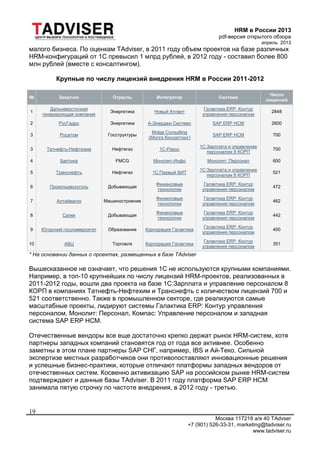 HRM в России 2013
pdf-версия открытого обзора
апрель 2013
Москва 117218 а/я 40 TAdvser
+7 (901) 526-33-31, marketing@tadviser.ru
www.tadviser.ru
19
малого бизнеса. По оценкам TAdviser, в 2011 году объем проектов на базе различных
HRM-конфигураций от 1C превысил 1 млрд рублей, в 2012 году - составил более 800
млн рублей (вместе с консалтингом).
Крупные по числу лицензий внедрения HRM в России 2011-2012
№ Заказчик Отрасль Интегратор Система
Число
лицензий
1
Дальневосточная
генерирующая компания
Энергетика Новый Атлант
Галактика ERP: Контур
управления персоналом
2848
2 РусГидро Энергетика А-Энерджи Системс SAP ERP HCM 2600
3 Росатом Госструктуры
Molga Consulting
(Молга Консалтинг)
SAP ERP HCM 700
3 Татнефть-Нефтехим Нефтегаз 1С-Рарус
1С:Зарплата и управление
персоналом 8 КОРП
700
4 Балтика FMCG Монолит-Инфо Монолит: Персонал 600
5 Транснефть Нефтегаз 1С:Первый БИТ
1С:Зарплата и управление
персоналом 8 КОРП
521
6 Прокопьевскуголь Добывающая
Финансовые
технологии
Галактика ERP: Контур
управления персоналом
472
7 Алтайвагон Машиностроение
Финансовые
технологии
Галактика ERP: Контур
управления персоналом
462
8 Салек Добывающая
Финансовые
технологии
Галактика ERP: Контур
управления персоналом
442
9 Югорский госуниверситет Образование Корпорация Галактика
Галактика ERP: Контур
управления персоналом
400
10 АВЦ Торговля Корпорация Галактика
Галактика ERP: Контур
управления персоналом
351
* На основании данных о проектах, размещенных в базе TAdviser
Вышесказанное не означает, что решения 1C не используются крупными компаниями.
Например, в топ-10 крупнейших по числу лицензий HRM-проектов, реализованных в
2011-2012 годы, вошли два проекта на базе 1С:Зарплата и управление персоналом 8
КОРП в компаниях Татнефть-Нефтехим и Транснефть c количеством лицензий 700 и
521 соответственно. Также в промышленном секторе, где реализуются самые
масштабные проекты, лидируют системы Галактика ERP: Контур управления
персоналом, Монолит: Персонал, Компас: Управление персоналом и западная
система SAP ERP HCM.
Отечественные вендоры все еще достаточно крепко держат рынок HRM-систем, хотя
партнеры западных компаний становятся год от года все активнее. Особенно
заметны в этом плане партнеры SAP СНГ, например, IBS и Ай-Теко. Сильной
экспертизе местных разработчиков они противопоставляют инновационные решения
и успешные бизнес-практики, которые отличают платформы западных вендоров от
отечественных систем. Косвенно активизацию SAP на российском рынке HRM-систем
подтверждают и данные базы TAdviser. В 2011 году платформа SAP ERP HCM
занимала пятую строчку по частоте внедрения, в 2012 году - третью.
 