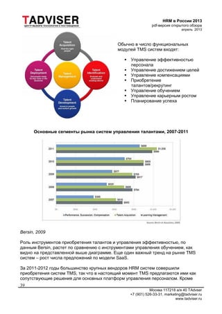 HRM в России 2013
pdf-версия открытого обзора
апрель 2013
Москва 117218 а/я 40 TAdvser
+7 (901) 526-33-31, marketing@tadviser.ru
www.tadviser.ru
39
Обычно в число функциональных
модулей TMS систем входят:
 Управление эффективностью
персонала
 Управление достижением целей
 Управление компенсациями
 Приобретение
талантов/рекрутинг
 Управление обучением
 Управление карьерным ростом
 Планирование успеха
Основные сегменты рынка систем управления талантами, 2007-2011
Bersin, 2009
Роль инструментов приобретения талантов и управления эффективностью, по
данным Bersin, растет по сравнению с инструментами управления обучением, как
видно на представленной выше диаграмме. Еще один важный тренд на рынке TMS
систем – рост числа предложений по модели SaaS.
За 2011-2012 годы большинство крупных вендоров HRM систем совершили
приобретения систем TMS, так что в настоящий момент TMS предлагаются ими как
сопутствующие решения для основных платформ управления персоналом. Кроме
 