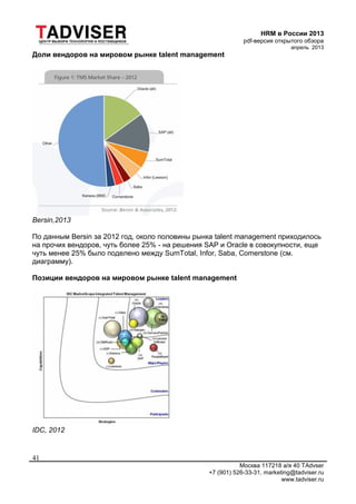 HRM в России 2013
pdf-версия открытого обзора
апрель 2013
Москва 117218 а/я 40 TAdvser
+7 (901) 526-33-31, marketing@tadviser.ru
www.tadviser.ru
41
Доли вендоров на мировом рынке talent management
Bersin,2013
По данным Bersin за 2012 год, около половины рынка talent management приходилось
на прочих вендоров, чуть более 25% - на решения SAP и Oracle в совокупности, еще
чуть менее 25% было поделено между SumTotal, Infor, Saba, Comerstone (см.
диаграмму).
Позиции вендоров на мировом рынке talent management
IDC, 2012
 