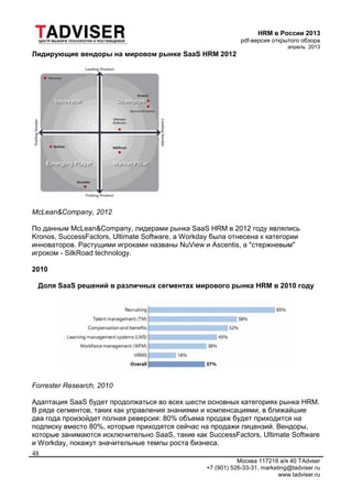 HRM в России 2013
pdf-версия открытого обзора
апрель 2013
Москва 117218 а/я 40 TAdvser
+7 (901) 526-33-31, marketing@tadviser.ru
www.tadviser.ru
48
Лидирующие вендоры на мировом рынке SaaS HRM 2012
McLean&Company, 2012
По данным McLean&Company, лидерами рынка SaaS HRM в 2012 году являлись
Kronos, SuccessFactors, Ultimate Software, а Workday была отнесена к категории
инноваторов. Растущими игроками названы NuView и Ascentis, а "стержневым"
игроком - SilkRoad technology.
2010
Доля SaaS решений в различных сегментах мирового рынка HRM в 2010 году
Forrester Research, 2010
Адаптация SaaS будет продолжаться во всех шести основных категориях рынка HRM.
В ряде сегментов, таких как управления знаниями и компенсациями, в ближайшие
два года произойдет полная реверсия: 80% объема продаж будет приходится на
подписку вместо 80%, которые приходятся сейчас на продажи лицензий. Вендоры,
которые занимаются исключительно SaaS, такие как SuccessFactors, Ultimate Software
и Workday, покажут значительные темпы роста бизнеса.
 