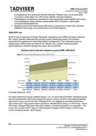 HRM в России 2013
pdf-версия открытого обзора
апрель 2013
Москва 117218 а/я 40 TAdvser
+7 (901) 526-33-31, marketing@tadviser.ru
www.tadviser.ru
84
исследовании это компания Ultimate Sofware. Помимо нее к этой категории
относятся также High Line, HR Access, Meta4 и NuView Systems.
 Провайдеры аутсорсинга управления персоналом/расчетов заработной платы,
в исследовании представлены компаниями ADP и Ceridian, также сюда
относится NorthgateArinso.
 Вендоры систем автоматизации обучения и управления талантами, включая
SilkRoad Technology, SuccessFactors и SumTotal Systems.
2009-2010 год
В 2010 году, по данным Forrester Research, мировой рынок HRM составил в объеме
$8,7 млрд, причем наиболее быстро растущим сегментом рынка стал сегмент
решений для управления талантами (talent management). Рост объема рынка по
сравнению с 2009 годом составил 8,7%. Кроме того, сегмент SaaS решений
увеличивался в объеме гораздо быстрее, чем on-premise.
Прогноз роста объема мирового рынка HRM, 2009-2014
Forrester Research, 2010
Из представленного выше графика видно, что, по прогнозам Forrester, мировой рынок
систем управления персонала продолжит расти, вплоть до 2014 года среднегодовой
темп роста этого рынка составит порядка 8,3%, это довольно высокий показатель.
При этом в 2011 году рынок может достичь в объеме $9,53 млрд, а к 2014 году - почти
$12 млрд. Гораздо больший темп роста будет у сегмента решений по подписке - 15%
в год, так что уже в 2011 году на такие решения придется $3,7 млрд, а в 2014 году
почти половина рынка - $5,75 млрд.
 
