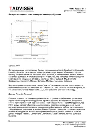 HRM в России 2013
pdf-версия открытого обзора
апрель 2013
Москва 117218 а/я 40 TAdvser
+7 (901) 526-33-31, marketing@tadviser.ru
www.tadviser.ru
95
Лидеры подсегмента систем корпоративного обучения
Gartner,2011
Согласно данным исследования Gartner под названием Magic Quadrant for Corporate
Learning Systems, лидерами на рынке систем корпоративного обучения (corporate
learning systems) являются компании Saba Software, Cornerstone OnDemand, Plateau
Systems и SumTotal. К числу визионеров, то есть тех, кто наиболее близко находится
по отношению к лидерам, отнесены компании Taleo, OutStart, IMC, SumTotal
GeoLearning, Element K, Mzinga, Certpoint, Meridian Knowledge Solutions.
Челленджерами (ожидающими своего "выхода") в сегменте систем корпоративного
обучения являются SAP и Oracle EBS OLM and OiL. Что касается нишевых игроков, то
это Blackboard, Oracle PeopleSoft ELM, Ancile Solutions, SilkRoad technology.
Данные Forrester Research
Forrester оценила состояние подсегментов корпоративного обучения и управления
эффективностью работы сотрудников в рамках единого исследования. По данным
отчета Forrester Research под названием The Forrester Wave: Talent Manegement, Q2
2011, в ходе которого были проанализированы предложения вендоров на рынке
систем управления талантами и повышения эффективности работы сотрудников по
108 оценочным критериям, компания Plateau Systems с большим отрывом опередила
основных конкурентов и стала вендором номер один в данном сегменте. В числе
других лидеров названы Cornerstone OnDemand, Saba Software, Taleo и SumTotal
Systems.
 