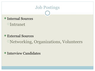 Job Postings

Internal Sources
  Intranet


External Sources
  Networking,      Organizations, Volunteers

Interview Candidates
 