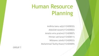 Human Resource
Planning
Ardhita banu adji(112420032)
Abdullah Azzam(112420002)
Amalia wira pratiwi(112420007)
Hilman satriana(112420011)
Wibisono Juhdi(112420022)
Muhammad Taufiq Ihsan(112420009)
GROUP 7
 