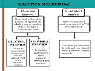 SELECTION METHODS Cont . . .
SITUATIONA
L INTERVIEW
• In which the
interviewer asks
questions about
what the
applicant would
do in a
hypothetical
situation
BEHAVIORAL
INTERVIEW
• In which the
questions focus
on the
applicant’s
behavior in past
situations.
Uses a list of predetermined
questions. All applicants are
asked the same set questions.
There are two types of
structured interviews.
1. Structured
Interviews
Interviews-open ended
questions are used such as “Tell
me about yourself”
2. Unstructured
Interviews
• This allows the interviewer
to probe and pose different
sets of questions to different
applicants.
 