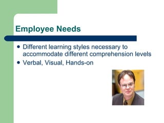 Employee Needs Different learning styles necessary to accommodate different comprehension levels Verbal, Visual, Hands-on 