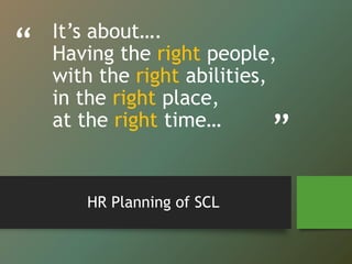 “
”
It’s about….
Having the right people,
with the right abilities,
in the right place,
at the right time…
HR Planning of SCL
 