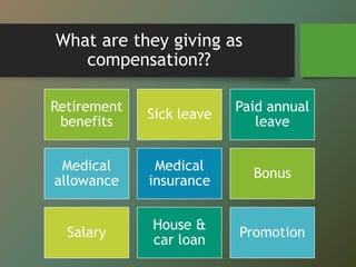 What are they giving as
compensation??
Retirement
benefits
Sick leave
Paid annual
leave
Medical
allowance
Medical
insurance
Bonus
Salary
House &
car loan
Promotion
 
