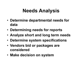 Needs Analysis
• Determine departmental needs for
data
• Determining needs for reports
• Analyze short and long term needs
• Determine system specifications
• Vendors bid or packages are
considered
• Make decision on system
 