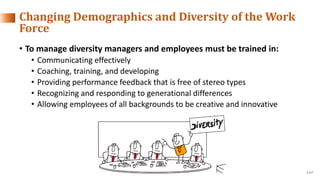 1-17
• To manage diversity managers and employees must be trained in:
• Communicating effectively
• Coaching, training, an...