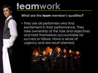teamwork
What are the team member’s qualities?
• They are all performers who find
excitement in their performance. They
take ownership of the task and objectives
and hold themselves accountable for
success or failure. Have a sense of
urgency and are result oriented.
 
