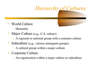 Hierarchy of Cultures
• World Culture
– Humanity
• Major Culture (e.g., U.S. culture)
– A regional or national group with a common culture
• Subculture (e.g., various immigrant groups)
– A cultural group within a major culture
• Corporate Culture
– An organization within a major culture or subculture
 