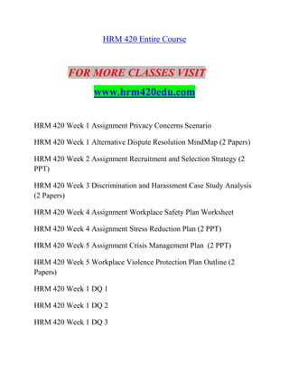 HRM 420 Entire Course
FOR MORE CLASSES VISIT
www.hrm420edu.com
HRM 420 Week 1 Assignment Privacy Concerns Scenario
HRM 420 Week 1 Alternative Dispute Resolution MindMap (2 Papers)
HRM 420 Week 2 Assignment Recruitment and Selection Strategy (2
PPT)
HRM 420 Week 3 Discrimination and Harassment Case Study Analysis
(2 Papers)
HRM 420 Week 4 Assignment Workplace Safety Plan Worksheet
HRM 420 Week 4 Assignment Stress Reduction Plan (2 PPT)
HRM 420 Week 5 Assignment Crisis Management Plan (2 PPT)
HRM 420 Week 5 Workplace Violence Protection Plan Outline (2
Papers)
HRM 420 Week 1 DQ 1
HRM 420 Week 1 DQ 2
HRM 420 Week 1 DQ 3
 