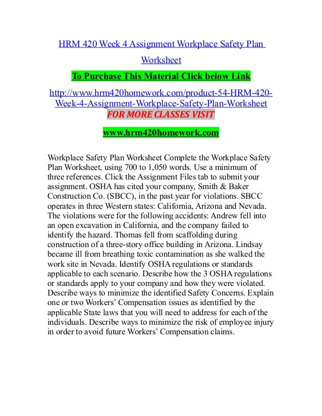 HRM 420 Week 4 Assignment Workplace Safety Plan Worksheet