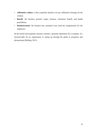 •

Affirmative culture: a firm conjointly should to set up a affirmative heritage for the
workers.

•

Benefit: the business presents wages, bonuses, retirement benefit, and health
possibilities.

•

Reimbursement: the business has sustained every kind the compensation for the
employees.

So the lawful and regularity structure contains a pleasant importance for a company. It’s
inconceivable for an organization to setting up through the globe in prosperity and
advancement (Heillaig, 2013).

14

 