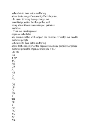 to be able to take acton and bring
about that change Community Development
• In order to bring lastng change, we
must frst prioritze the things that will
bring about themaximum impact prioritze
mobilize
• Then we mustorganize
organize schedules
and resources that will support the priorites • Finally, we need to
mobilize people
to be able to take acton and bring
about that change prioritze organize mobilize prioritze organize
mobilize prioritze organize mobilize S RU
LE TR
EA
T SP
YO
RE
UR
A
HE
D
AU
I
DE
LP
DI
EN
A
TH
PR
S
CE
EM
AN
AC
AS
 