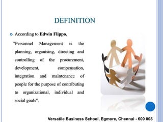 DEFINITION
 According to Edwin Flippo,
"Personnel Management is the
planning, organising, directing and
controlling of the procurement,
development, compensation,
integration and maintenance of
people for the purpose of contributing
to organizational, individual and
social goals".
Versatile Business School, Egmore, Chennai - 600 008
 