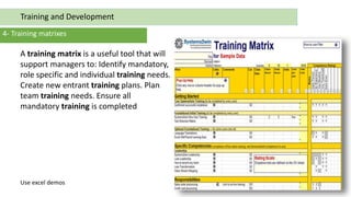 Training and Development
4- Training matrixes
A training matrix is a useful tool that will
support managers to: Identify mandatory,
role specific and individual training needs.
Create new entrant training plans. Plan
team training needs. Ensure all
mandatory training is completed
Use excel demos
 