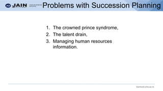 bschool.cms.ac.in
Problems with Succession Planning
1. The crowned prince syndrome,
2. The talent drain,
3. Managing human resources
information.
 