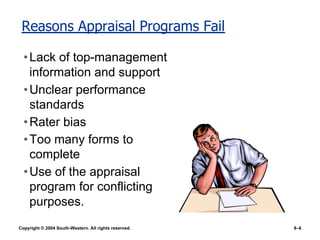 Copyright © 2004 South-Western. All rights reserved. 8–6
Reasons Appraisal Programs Fail
•Lack of top-management
information and support
•Unclear performance
standards
•Rater bias
•Too many forms to
complete
•Use of the appraisal
program for conflicting
purposes.
 