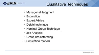 bschool.cms.ac.in
Qualitative Techniques
• Managerial Judgment
• Estimation
• Expert Advice
• Delphi technique
• Nominal Group Technique
• Job Analysis
• Group brainstorming
• Simulation models
 