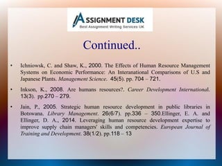 Continued..
• Ichniowsk, C. and Shaw, K., 2000. The Effects of Human Resource Management
Systems on Economic Performance: An Interanational Comparisons of U.S and
Japanese Plants. Management Science. 45(5). pp. 704 – 721.
• Inkson, K., 2008. Are humans resources?. Career Development International.
13(3). pp.270 – 279.
• Jain, P., 2005. Strategic human resource development in public libraries in
Botswana. Library Management. 26(6/7). pp.336 – 350.Ellinger, E. A. and
Ellinger, D. A., 2014. Leveraging human resource development expertise to
improve supply chain managers' skills and competencies. European Journal of
Training and Development. 38(1/2). pp.118 – 13
 