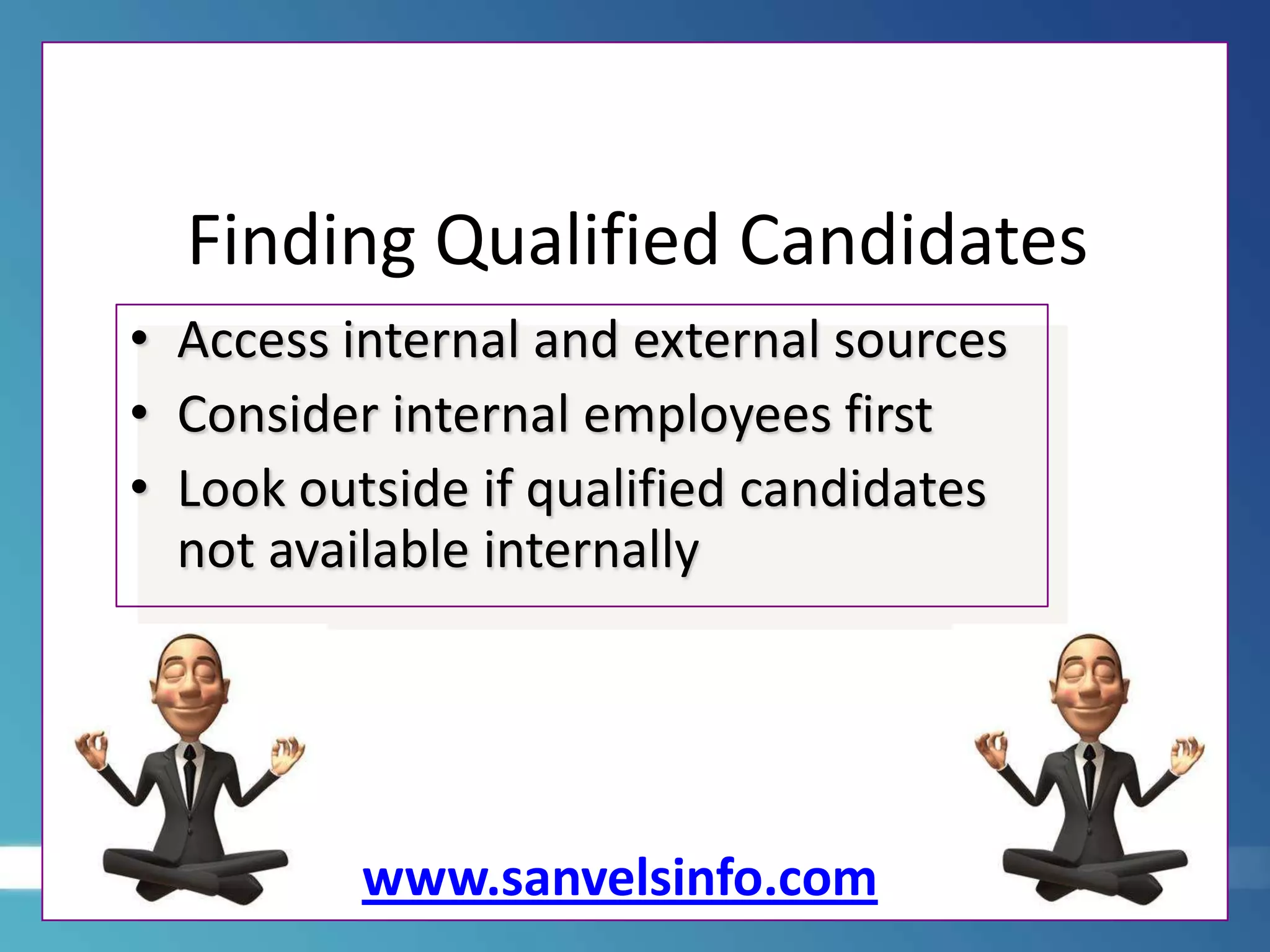 Finding Qualified Candidates
• Access internal and external sources
• Consider internal employees first
• Look outside if qualified candidates
not available internally

© PhotoDisc

www.sanvelsinfo.com

 