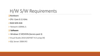 H/W S/W Requirements
Hardware
CPU Core i5 2.3 GHz
RAM-MIN 4GB
 Network 100Mb /s
 Software
 Windows 7/ XP/VISTA (Servics pack 3)
Visual Studio 2010 (ASP.NET 4.0 using C#)
SQL Server 2008 SP2
 