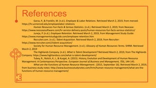 References
Garza, P., & Franklin, M. (n.d.). Employee & Labor Relations. Retrieved March 2, 2019, from merced:
https://hr.ucmerced.edu/employeelabor-relations
Human Resources Fun Facts & Serious Statistics. (n.d.). Retrieved March 2, 2019, from Neocase:
https://www.neocasesoftware.com/hr-service-delivery-posts/human-resources-fun-facts-serious-statistics/
Juneja, P. (n.d.). Employee Retention. Retrieved March 2, 2019, from Management Study Guide:
https://www.managementstudyguide.com/employee-retention.htm
Recruiter.com. (n.d.). Talent Acquisition. Retrieved March 2, 2019, from Recruiter:
https://www.recruiter.com/i/talent-acquisition/
Society for Human Recource Management. (n.d.). Glossary of Human Recources Terms. SHRM. Retrieved
March 2, 2019
The Highlands Company. (n.d.). What Is Talent Development? Retrieved March 2, 2019, from The Highlands
Company: https://www.highlandsco.com/what-is-talent-development/
Tubey, R., Rotich, K. J., & Kurgat, A. (2015). History, Evolution and Development of Human Resource
Management: A Contemporary Perspective. European Journal of Business and Management, 7(9), 144-145.
What are the Functions of Human Resource Management:. (2015, September 16). Retrieved March 2, 2019,
from business study notes: http://www.businessstudynotes.com/hrm/human-resource-management/what-are-the-
functions-of-human-resource-management/
 