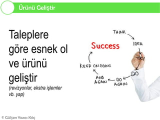 Ürünü Geliştir



    Taleplere
    göre esnek ol
    ve ürünü
    geliştir
    (revizyonlar, ekstra işlemler
    vb. yap)



© Gülşen Yazıcı Kılıç
 
