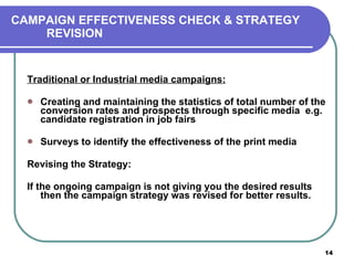 CAMPAIGN EFFECTIVENESS CHECK & STRATEGY REVISION Traditional or Industrial media campaigns: Creating and maintaining the statistics of total number of the conversion rates and prospects through specific media  e.g. candidate registration in job fairs Surveys to identify the effectiveness of the print media Revising the Strategy: If the ongoing campaign is not giving you the desired results then the campaign strategy was revised for better results. 