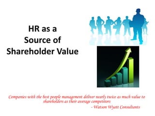 HR as a
    Source of
Shareholder Value



Companies with the best people management deliver nearly twice as much value to
                   shareholders as their average competitors
                                                 - Watson Wyatt Consultants
 
