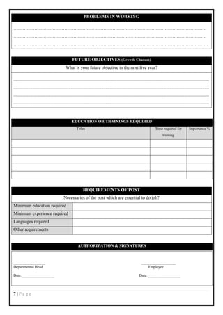 PROBLEMS IN WORKING

…………………………………………………………………………………………………………………
…………………………………………………………………………………………………………………
………………………………………………………………………………………………………………….


                                                    FUTURE OBJECTIVES (Growth Chances)
                                              What is your future objective in the next five year?

..............................................................................................................................................................................
..............................................................................................................................................................................
..............................................................................................................................................................................
..............................................................................................................................................................................



                                                    EDUCATION OR TRAININGS REQUIRED
                                                        Titles                                                                Time required for             Importance %
                                                                                                                                    training




                                                             REQUIREMENTS OF POST
                                            Necessaries of the post which are essential to do job?
Minimum education required
Minimum experience required
Languages required
Other requirements


                                                         AUTHORIZATION & SIGNATURES



_________________                                                                                                _____ _____________
Departmental Head                                                                                                    Employee

Date: _________________                                                                                        Date: _________________



7|Page
 