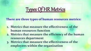 There are three types of human resources metrics:
1. Metrics that measure the effectiveness of the
human resources function
2. Metrics that measure the efficiency of the human
resources department
3. Metrics that measure the effectiveness of the
employees within the organization
Types Of HR Metrics
 