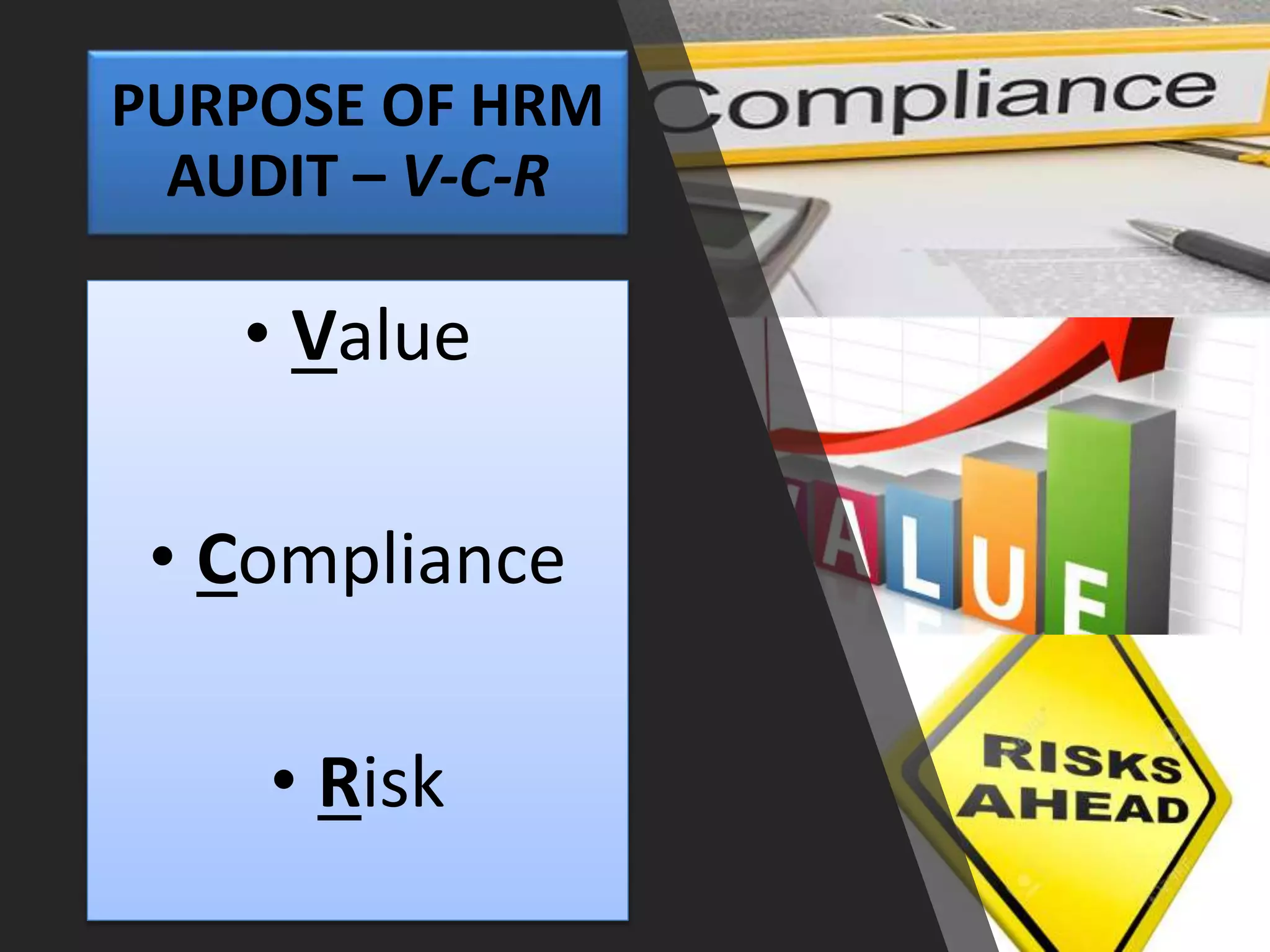 PURPOSE OF HRM
AUDIT – V-C-R
• Value
• Compliance
• Risk
 