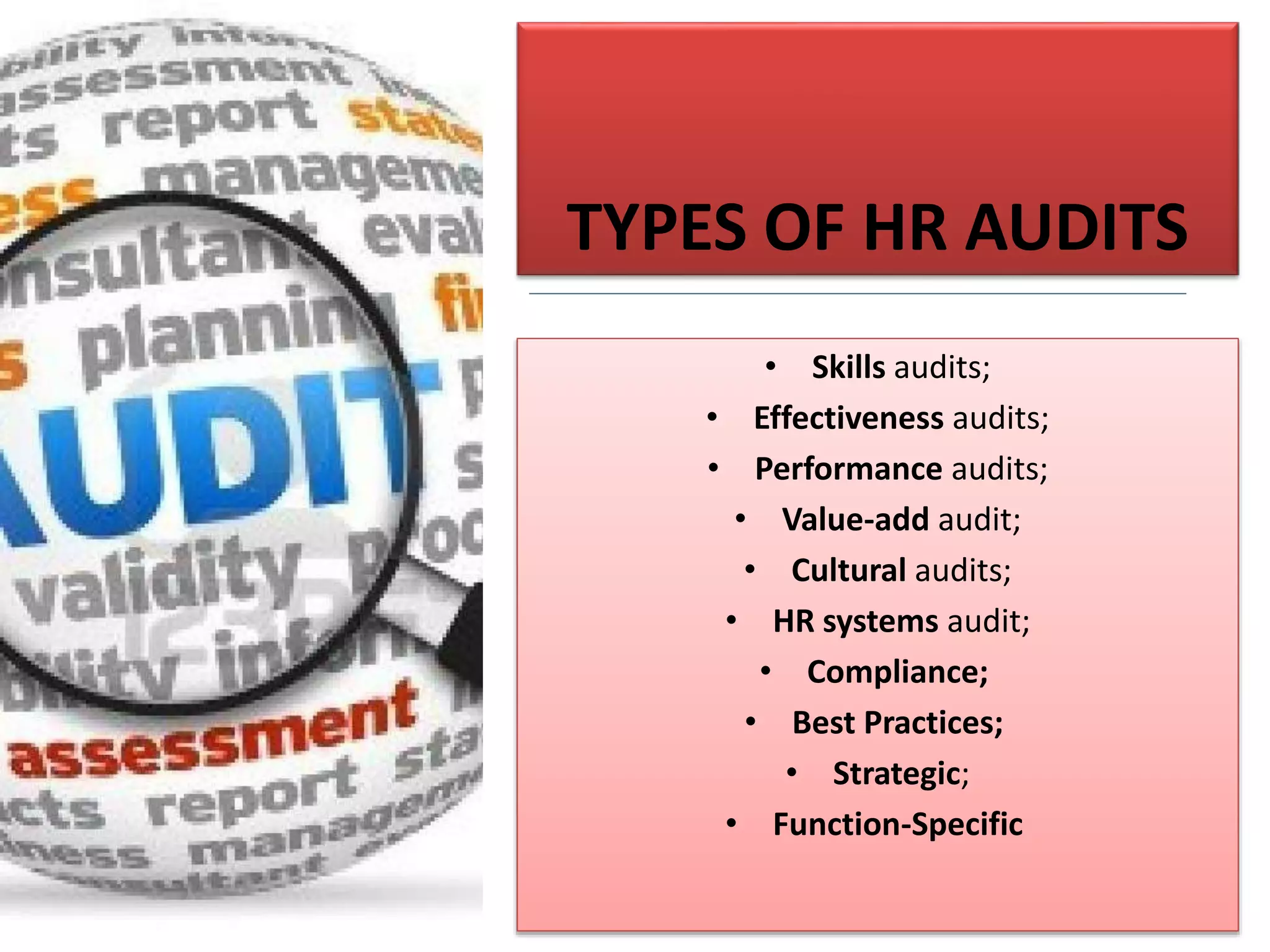 TYPES OF HR AUDITS
• Skills audits;
• Effectiveness audits;
• Performance audits;
• Value-add audit;
• Cultural audits;
• HR systems audit;
• Compliance;
• Best Practices;
• Strategic;
• Function-Specific
 