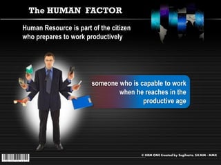 The HUMAN FACTOR
Human Resource is part of the citizen
who prepares to work productively




                       someone who is capable to work
                               when he reaches in the
                                       productive age




                                        © HRM ONE Created by Sugiharto, SH.MM - MMX
 