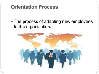 Orientation Process
 The process of adapting new employees
to the organization.
 