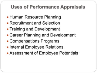 Uses of Performance Appraisals
 Human Resource Planning
 Recruitment and Selection
 Training and Development
 Career Planning and Development
 Compensations Programs
 Internal Employee Relations
 Assessment of Employee Potentials
 