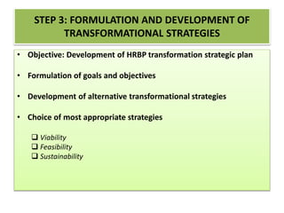 STEP 3: FORMULATION AND DEVELOPMENT OF
TRANSFORMATIONAL STRATEGIES
• Objective: Development of HRBP transformation strategic plan
• Formulation of goals and objectives
• Development of alternative transformational strategies
• Choice of most appropriate strategies
 Viability
 Feasibility
 Sustainability
 