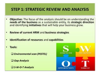 STEP 1: STRATEGIC REVIEW AND ANALYSIS
• Objective: The focus of the analysis should be on understanding the
needs of the business as a sustainable entity, its strategic direction
and identifying initiatives that will help your business grow.
• Review of current HRM and business strategies
• Identification of resources and capabilities
• Tools:
 Environmental scan (PESTEL)
 Gap Analysis
 S-W-O-T Analysis
 