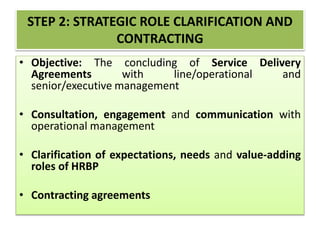 STEP 2: STRATEGIC ROLE CLARIFICATION AND
CONTRACTING
• Objective: The concluding of Service Delivery
Agreements with line/operational and
senior/executive management
• Consultation, engagement and communication with
operational management
• Clarification of expectations, needs and value-adding
roles of HRBP
• Contracting agreements
 